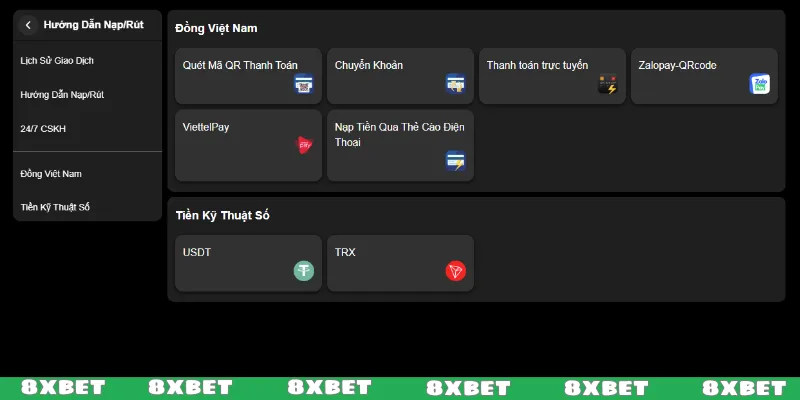 Hệ thống nạp tiền 8XBET nhiều tùy chọn ưu việt